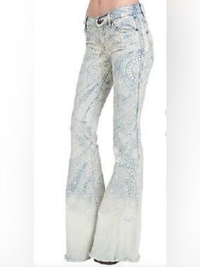Free people Rare Bali Jean, Light Blue Patterned Flare Jeans - Women
